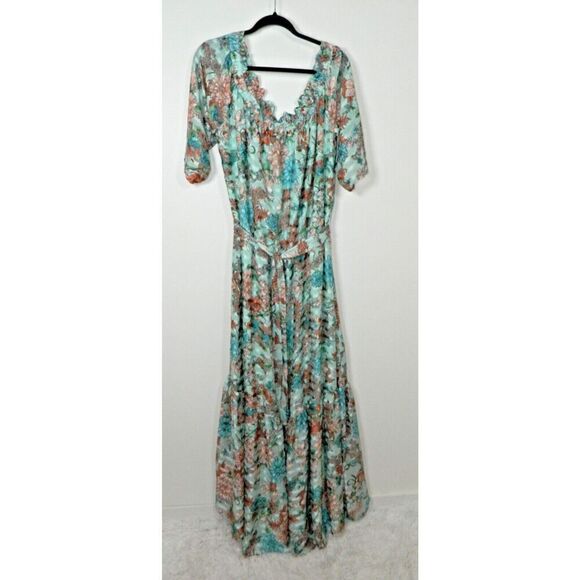 Unique Vintage Sample Dress Plus Size 3XL Green Floral Off The Shoulder Maxi - Picture 6 of 14
